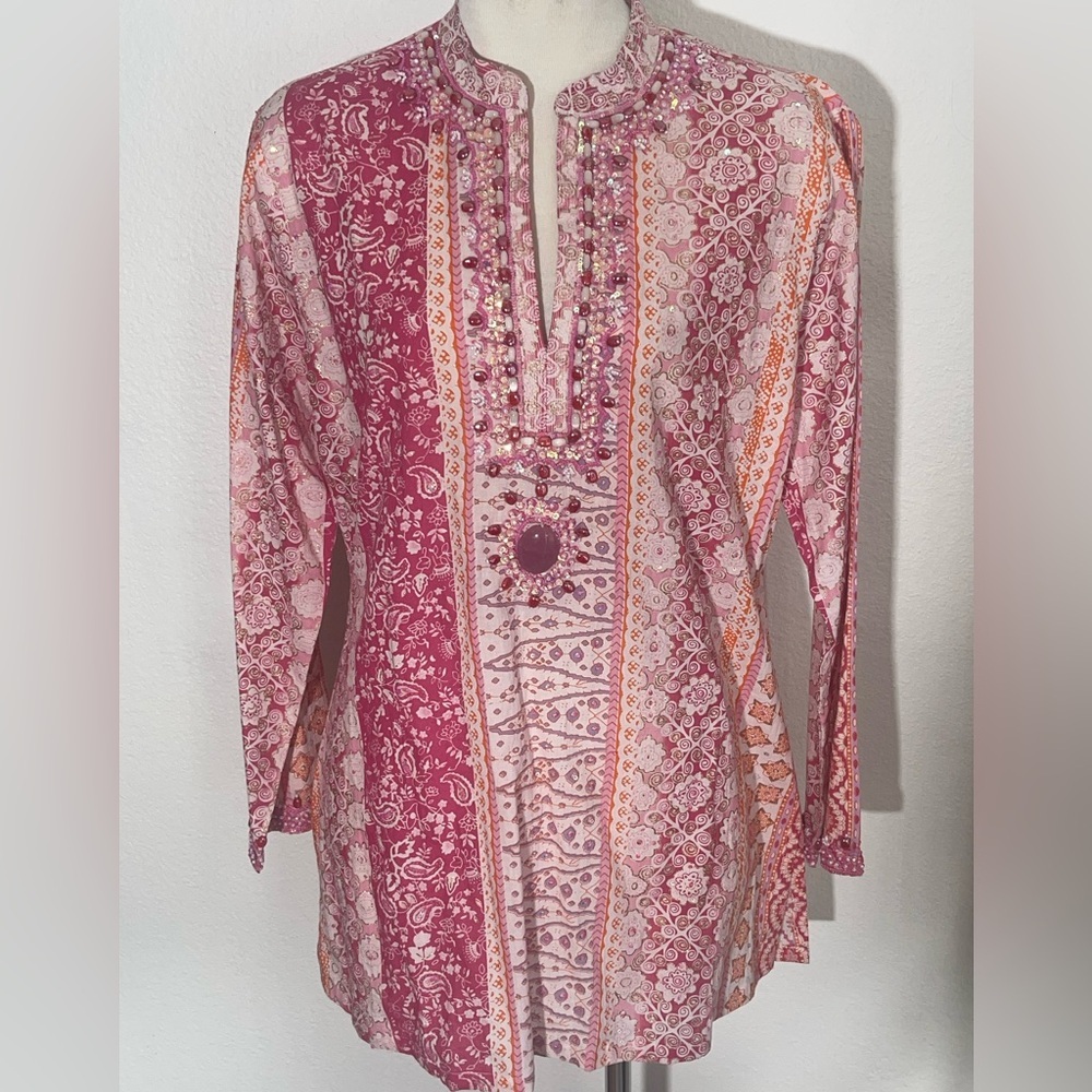 Marisol beaded embroidered made in India ethnic Bohemian Paisley Tunic Top med